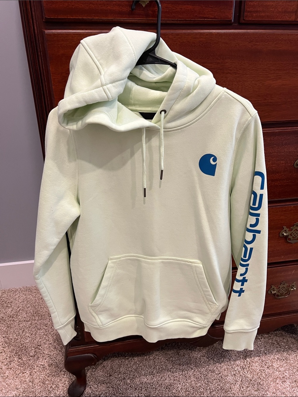 Carhartt Hooded Sweatshirt in Pale Mint with Blue Logo